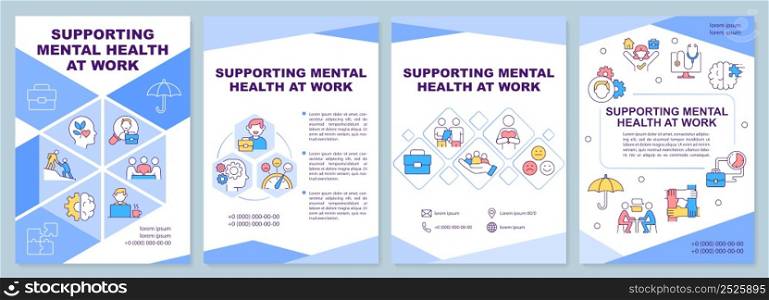 Supporting mental health at work blue brochure template. Keep balance. Leaflet design with linear icons. 4 vector layouts for presentation, annual reports. Arial-Black, Myriad Pro-Regular fonts used. Supporting mental health at work blue brochure template