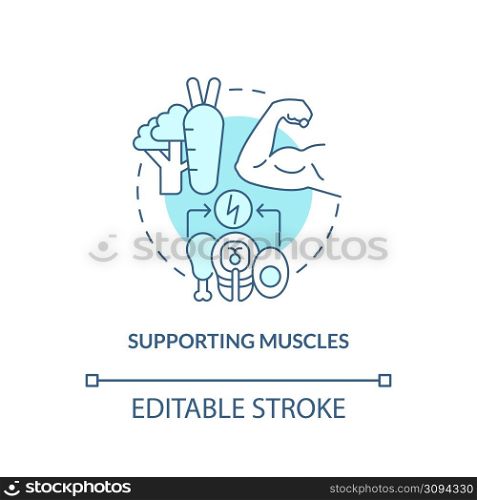 Supporting muscles turquoise concept icon. Bodybuilding. Healthy diet advantages abstract idea thin line illustration. Isolated outline drawing. Editable stroke. Arial, Myriad Pro-Bold fonts used. Supporting muscles turquoise concept icon