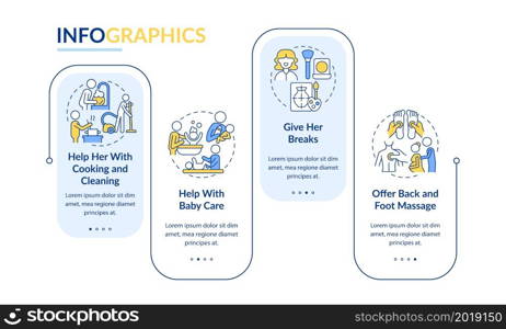 Supporting pregnant partner vector infographic template. Give breaks presentation outline design elements. Data visualization with 4 steps. Process timeline info chart. Workflow layout with line icons. Supporting pregnant partner vector infographic template