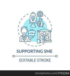 Supporting SME concept icon. Money help for small and medium businesses idea thin line illustration. Global crisis and enterprises. Vector isolated outline RGB color drawing. Editable stroke. Supporting SME concept icon