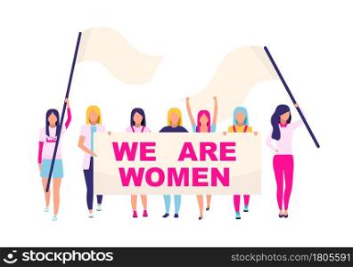 Supporting women movement flat concept vector illustration. Feminists standing for gender equality isolated 2D cartoon character on white for web design. Women empowerment creative idea. Supporting women movement flat concept vector illustration