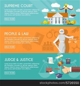 Supreme court judge and blindfolded justice with sword and scales people law flat horizontal banners vector illustration