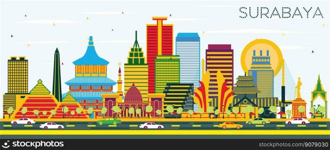 Surabaya Indonesia Skyline with Color Buildings and Blue Sky. Vector Illustration. Business Travel and Tourism Concept with Modern Architecture. Surabaya Cityscape with Landmarks.