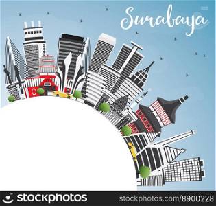 Surabaya Skyline with Gray Buildings, Blue Sky and Copy Space. Vector Illustration. Business Travel and Tourism Concept with Modern Architecture. Image for Presentation Banner Placard and Web Site.