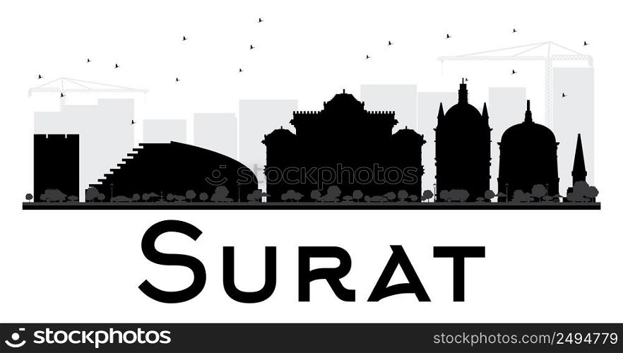 Surat City skyline black and white silhouette. Vector illustration. Simple flat concept for tourism presentation, banner, placard or web site. Business travel concept. Cityscape with landmarks