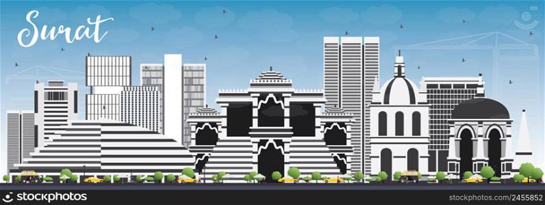 Surat Skyline with Gray Buildings and Blue Sky. Vector Illustration. Business Travel and Tourism Concept with Historic Buildings. Image for Presentation Banner Placard and Web Site.