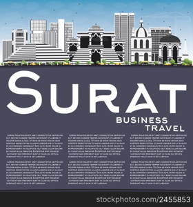 Surat Skyline with Gray Buildings, Blue Sky and Copy Space. Vector Illustration. Business Travel and Tourism Concept with Historic Buildings. Image for Presentation Banner Placard and Web Site.
