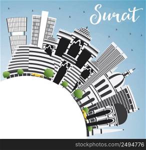 Surat Skyline with Gray Buildings, Blue Sky and Copy Space. Vector Illustration. Business Travel and Tourism Concept with Historic Architecture. Image for Presentation Banner Placard and Web Site.