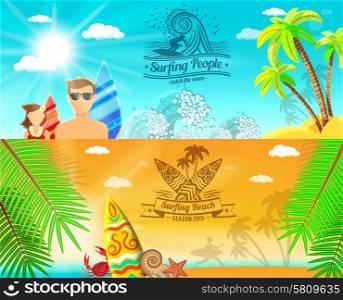 Surf banner horizontal set with flat water sport elements isolated vector illustration. Surf Banner Horizontal
