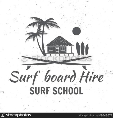 Surf board hire concept. Vector Summer surfing retro badge. Surfing concept for shirt or logo, print, stamp. Surf icon design. - stock vector.