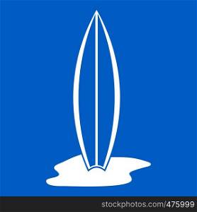 Surf board icon white isolated on blue background vector illustration. Surf board icon white
