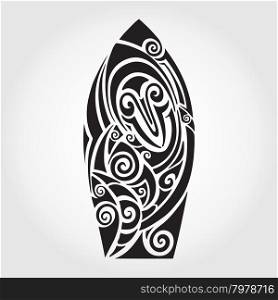 Surf board. Shark pattern. Surf board. Shark. Illustration in the Polynesian style tattoo.