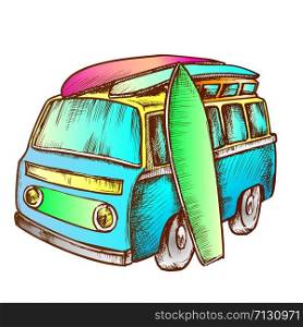 Surf Boards And Retro Surf Van Color Vector. Surfboards Standing Near Minivan Car. Longboards Engraving Concept Template Hand Drawn In Vintage Style Illustration. Surf Boards And Retro Surf Van Color Vector
