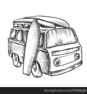 Surf Boards And Retro Surf Van Monochrome Vector. Surfboards Standing Near Minivan Car. Longboards Engraving Concept Template Hand Drawn In Vintage Style Black And White Illustration. Surf Boards And Retro Surf Van Monochrome Vector