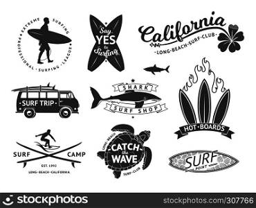 Surf boards emblem and badges vector set. Signs and elements for summer labels design. Ocean surfing label, illustration of summer surfing badge. Surf boards emblem and badges vector set. Signs and elements for summer labels design