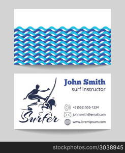 Surf business card template. Surf instructor business card both sides template. Company surfing business. Vector illustration