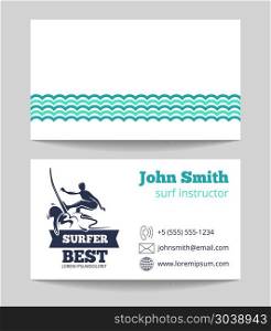 Surf card template with logo. Surf instructor business card template with logo. Design of card for instructor. Vector illustration