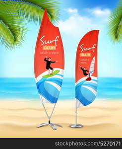 Surf Club 2 Advertsement Beach Banners. Tropical island beach sport club resort 2 advertisement surf flag banners with ocean on background vector illustration