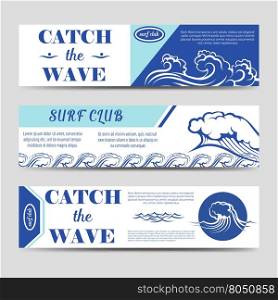 Surf club banners with waves. Web banners for surf club set vector with waves