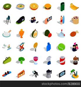 Surf club icons set. Isometric style of 36 surf club vector icons for web isolated on white background. Surf club icons set, isometric style