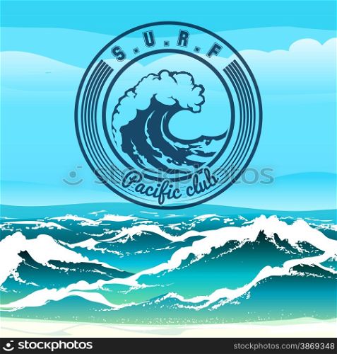Surf club logo or emblem against stormy tropical seascape. Only free font used.