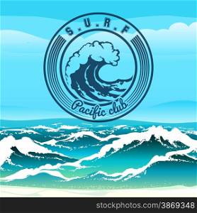Surf club logo or emblem against stormy tropical seascape. Only free font used.