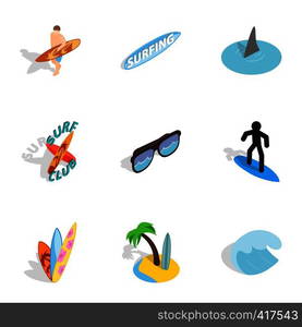 Surf elements icons set. Isometric 3d illustration of 9 surf elements vector icons for web. Surf elements icons set, isometric 3d style