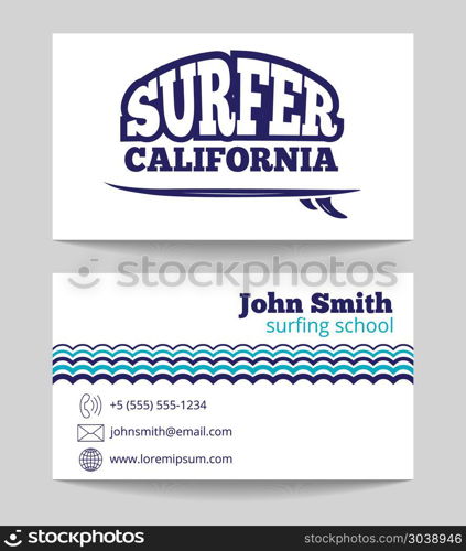 Surf instructor template. Surf instructor business card both sides template. Surfing school vector illustration