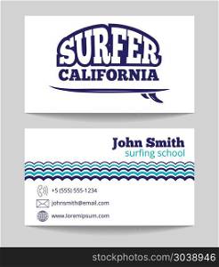 Surf instructor template. Surf instructor business card both sides template. Surfing school vector illustration