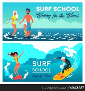 Surf School Horizontal Banners. Surf school horizontal banners with young girl and boy on surfboard at wave background flat vector illustration