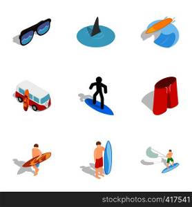 Surf symbols icons set. Isometric 3d illustration of 9 surf symbols vector icons for web. Surf symbols icons set, isometric 3d style