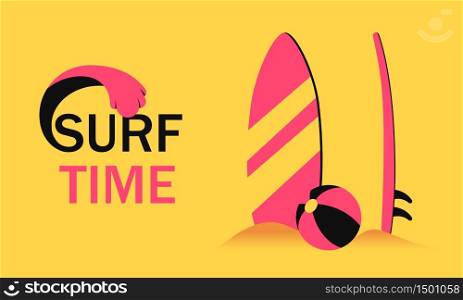 Surf time concept with surfboard in sand and ball banner. Concept summer vacation with surfing