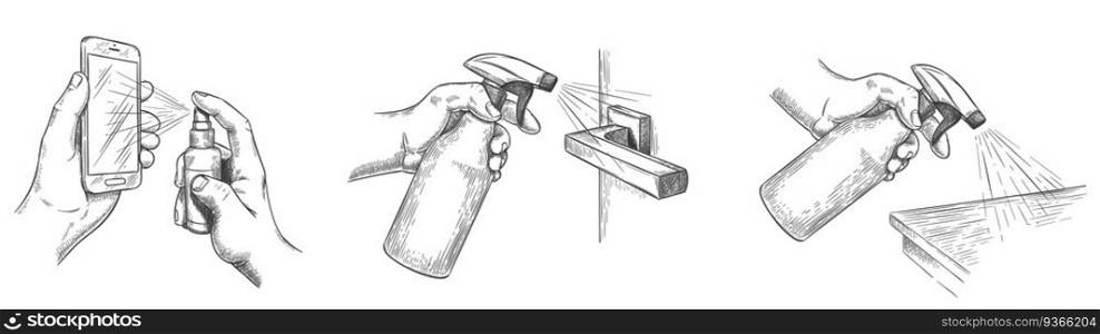 Surface cleaning sketch. Disinfect house surfaces and door handle with sanitizer sprays. Hands hold spray and clean phone screen, vector set. Sketch hygiene and prevention disinfection illustration. Surface cleaning sketch. Disinfect house surfaces and door handle with sanitizer sprays. Hands hold spray and clean phone screen, vector set