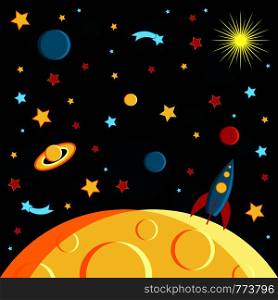 Surface of the moon, rocket and space view. Moon, Sun, Saturn, Earth, other planets, rocket Stars comets space Cartoon style. Surface of the moon, rocket and space view. Moon, Sun, Saturn, Earth, other planets, rocket Stars comets space