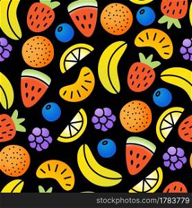 Surface pattern design for textile prints, wallpapers, wrapping, web backgrounds and other pattern fills. Vector seamless pattern with bright and sweet fruit candies on black background