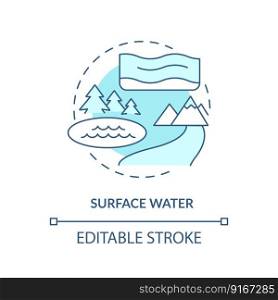 Surface water turquoise concept icon. River and lakes. Fresh water supply source abstract idea thin line illustration. Isolated outline drawing. Editable stroke. Arial, Myriad Pro-Bold fonts used. Surface water turquoise concept icon