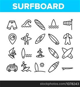 Surfboard Collection Elements Icons Set Vector Thin Line. Human Silhouette On Surfboard And Wave, Swimming Suit And Van, Gps Mark And Shorts Concept Linear Pictograms. Monochrome Contour Illustrations. Surfboard Collection Elements Icons Set Vector