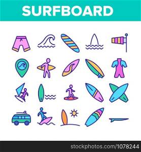 Surfboard Collection Elements Icons Set Vector Thin Line. Human Silhouette On Surfboard And Wave, Swimming Suit And Van, Gps Mark And Shorts Concept Linear Pictograms. Color Contour Illustrations. Surfboard Collection Elements Icons Set Vector