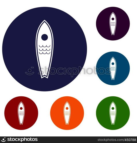 Surfboard icons set in flat circle reb, blue and green color for web. Surfboard icons set