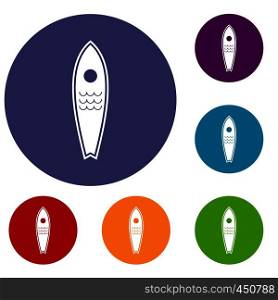 Surfboard icons set in flat circle reb, blue and green color for web. Surfboard icons set