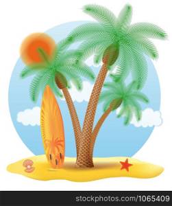 surfboard standing under a palm tree vector illustration isolated on white background