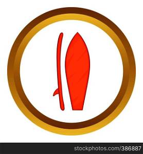 Surfboard vector icon in golden circle, cartoon style isolated on white background. Surfboard vector icon