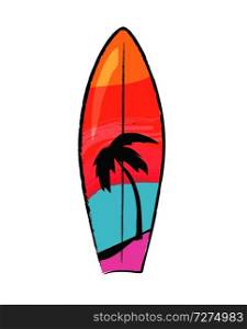 Surfboard with colorful lines and palm tree picture vector illustration isolated on white background in flat style design. Surfboard with Colorful Lines and Palm Tree Vector