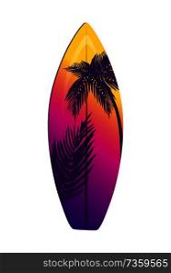 Surfboard with palm and gradient background. Board to ride sea waves that has tropical tree leaves. Stylish device for sport vector illustration.. Bright Surfboard with Palm and Gradient Background