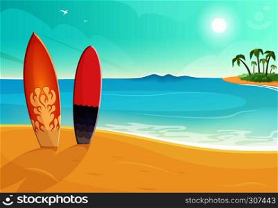 Surfboards in different colors. Sea and sand beach. Vector summer background illustration. Holiday sea summer with colored surfboard. Surfboards in different colors. Sea and sand beach. Vector summer background illustration