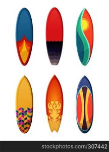Surfboards set of different retro colors. Vector sport illustration isolate on white background. Surfboard collection with colored pattern illustration. Surfboards set of different retro colors. Vector sport illustration isolate on white background