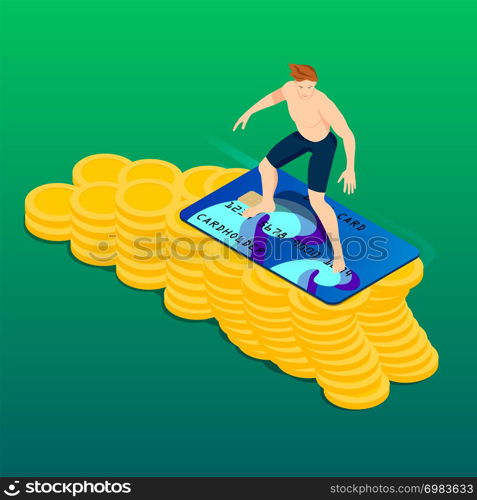 Surfer and a wave of money. Isometric young man with surf credit card.