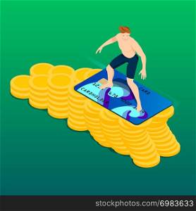 Surfer and a wave of money. Isometric young man with surf credit card.