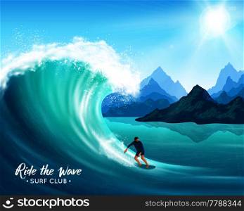 Surfer and big ocean wave on rocks background, sun and blue sky, natural landscape vector illustration. Surfer And Big Wave Illustration