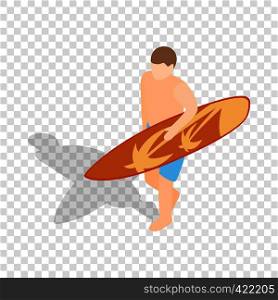 Surfer carries his surfboard isometric icon 3d on a transparent background vector illustration. Surfer carries his surfboard isometric icon